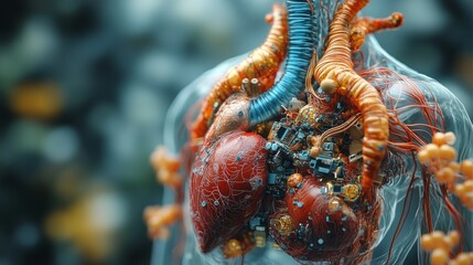 CT scan of head and body Detailed anatomy of body organs, brain, heart, lungs. and the chest area from the neck down With a blue background, the details about the heart come out clearly.