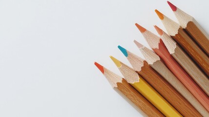 Obraz premium A Colorful Row of Sharpened Wooden Pencils on White Background, close up, photography, creativity, art supplies, coloring, drawing
