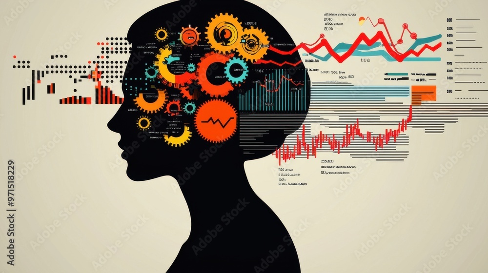 Poster a human silhouette with gears and cogs inside, connected to graphs and charts that flow from the bod