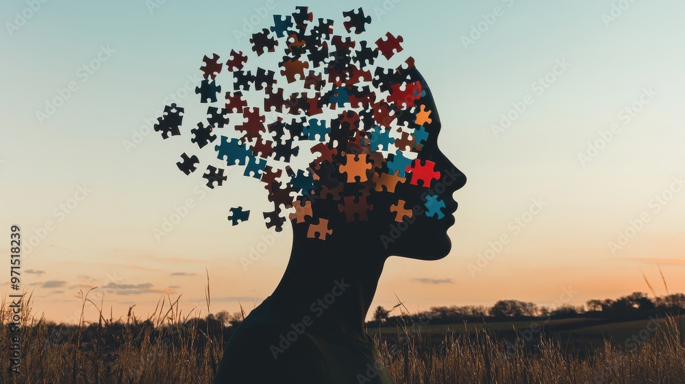 Poster a human silhouette with puzzle pieces floating around it, showing the challenge of piecing together 