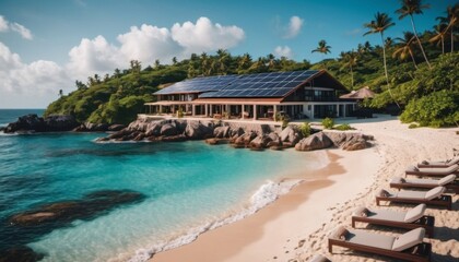 eco villas by the ocean with solar panels on the lid, ai generated, ai