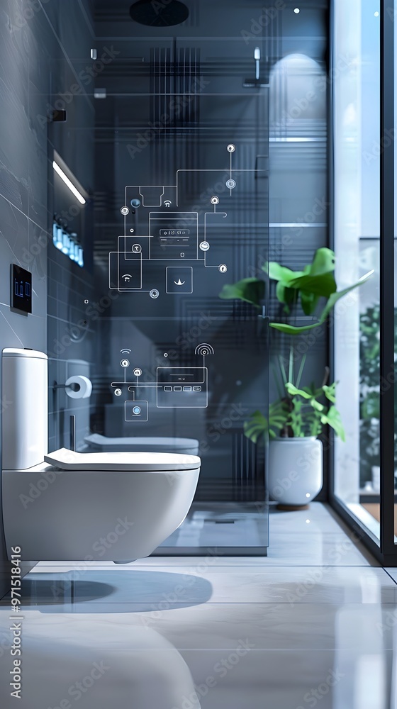 Poster interconnected smart bathroom with optimized water usage and personalized settings
