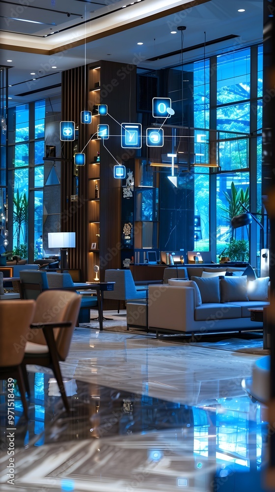 Poster interconnected smart hotel lobby enhancing personalized guest experience through automation and digi