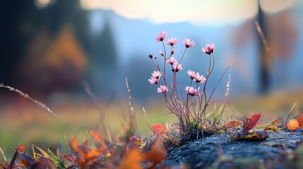  A tight shot of a blooming flower atop a rock, surrounded by nearer grasses and leaves Behind it, a towering mountain ranges