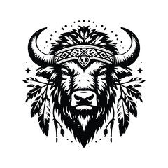 Obraz premium Buffalo in bohemian black and white silhouette illustration