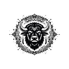 Buffalo in bohemian black and white silhouette illustration