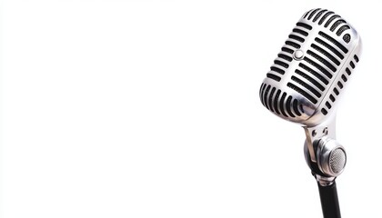 Classic vintage microphone with chrome finish, isolated on a white background, retro broadcasting and music performance concept