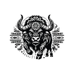 Buffalo in bohemian black and white silhouette illustration