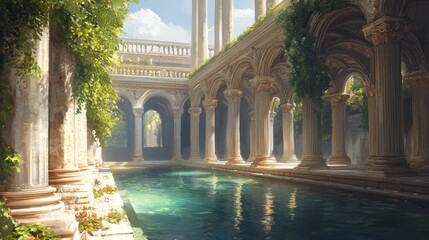 Fototapeta premium pool in center, columns flanking sides