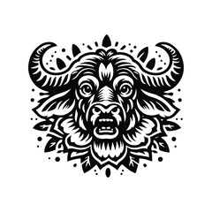 Buffalo in folk art black and white silhouette illustration