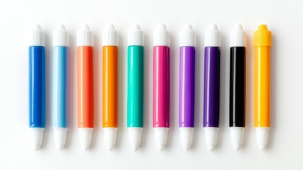 Fototapeta premium A Row of Colorful Markers on a White Background, Close-up, White Background, Markers, Art Supplies, Creativity, Color