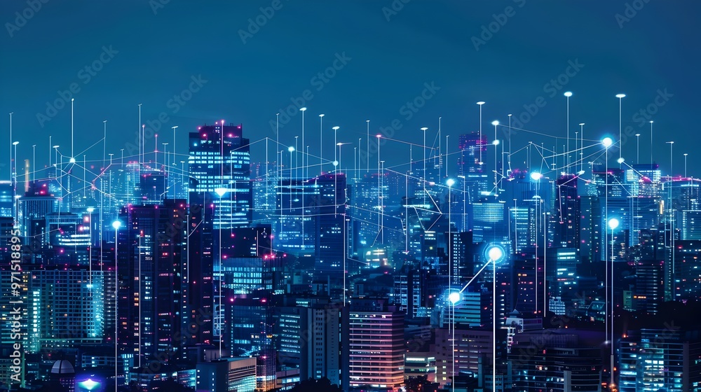 Poster futuristic smart city monitoring environmental conditions with interconnected sensors and providing 