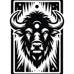 Fototapeta premium Buffalo in Tarot card black and white silhouette illustration