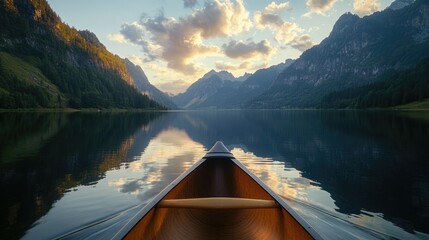 Boat on lake with mountain backdrop