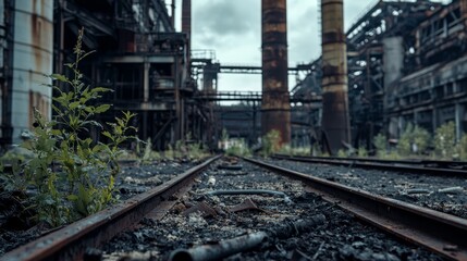 Fototapeta premium A train track in front of a factory with a plant growing between the tracks