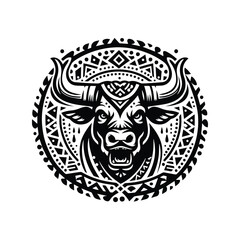 Bull in bohemian black and white silhouette illustration