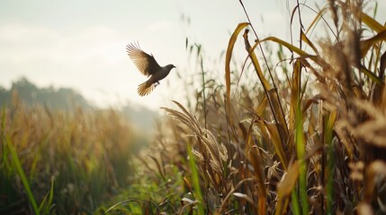Fototapeta premium Bird soaring above field of tall grass Sun shines through clouds in background