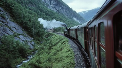 train traveling fast through rural mountain
