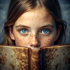 A woman with blue eyes is looking at the page of a book