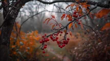  A tree bearing red fruits dangles them from branches against a backdrop of a forest ablaze with yellow and orange foliage