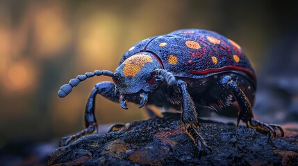  A tight shot of a bug perched on a rock, backdrop blurred with indistinct tree silhouettes