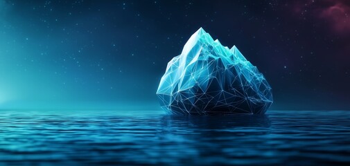 Fototapeta premium Iceberg floating in a calm sea, with its underwater structure shown as a glowing network of geometric shapes, data iceberg, hidden structures in nature