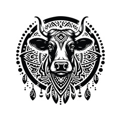 Cow in bohemian black and white silhouette illustration