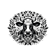 Obraz premium Cow in folk art black and white silhouette illustration