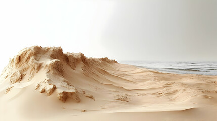 A serene landscape of sand dunes meeting the ocean under a soft, hazy sky.