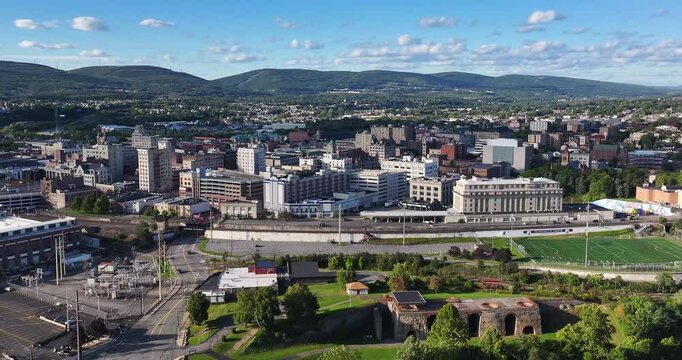 Late summer, early fall aerial, drone, video of the Scranton Pennsylvania skyline.  September 2024.