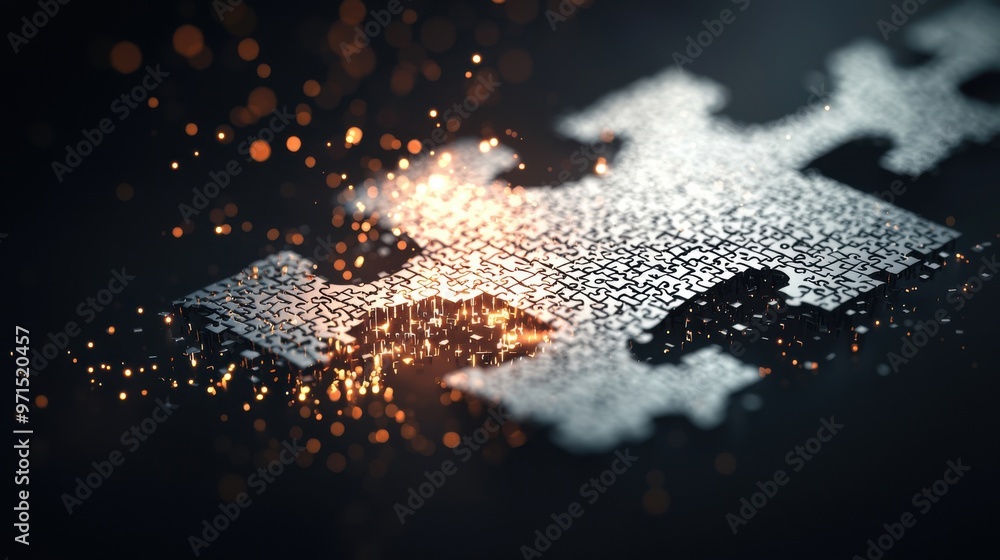 Poster a large puzzle of a company logo breaking apart into individual pieces, with new pieces glowing and 