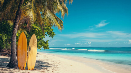 nice and beautiful beach with surf board on the beach