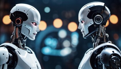 A pair of bionic robots opposite each other. future technologies. Scientific progress. Generative ai. AI