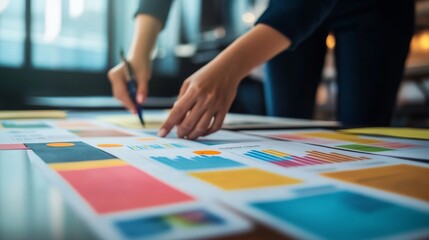 Closeup of Hand Analyzing Colorful Charts and Graphs, Business, Analytics, Strategy, Data Analysis