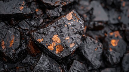  A tight shot of a mound of black rocks, adorned with golden specks and traces of rust on their surfaces