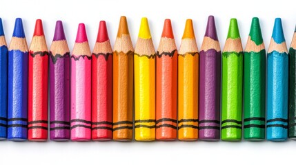 Fototapeta premium Color Pencil Rainbow Row, white background, closeup, art supplies, drawing, creativity, color