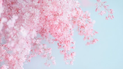 Fototapeta premium A tight shot of pink blooms on a tree branch against a blue backdrop