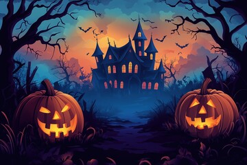 Halloween background with a scary graveyard spooky forest postcard