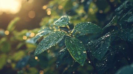 Fototapeta premium A tight shot of a plant, adorned with leafy greens and water droplets glistening on its surfaces, beneath the radiant sun