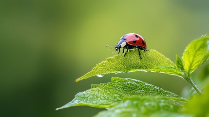 Fototapeta premium A ladybug atop a green leaf, surrounded by an expanse of leaves