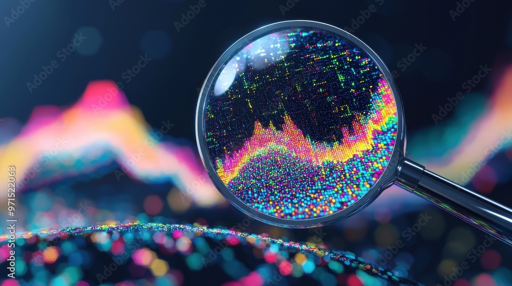 Poster a magnifying glass focusing on abstract data charts and graphs floating in space, with vibrant color