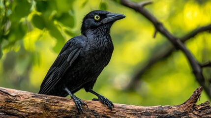  A black bird perches atop a tree branch, adjacent to a lush, green tree adorned with numerous leaves