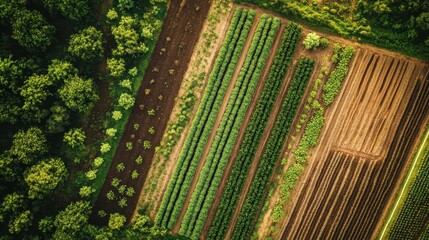 Aerial view of farmers using technology to map out the best planting strategies for their crops.