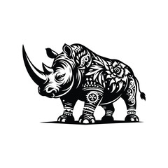 Fototapeta premium Rhinoceros in bohemian black and white silhouette illustration