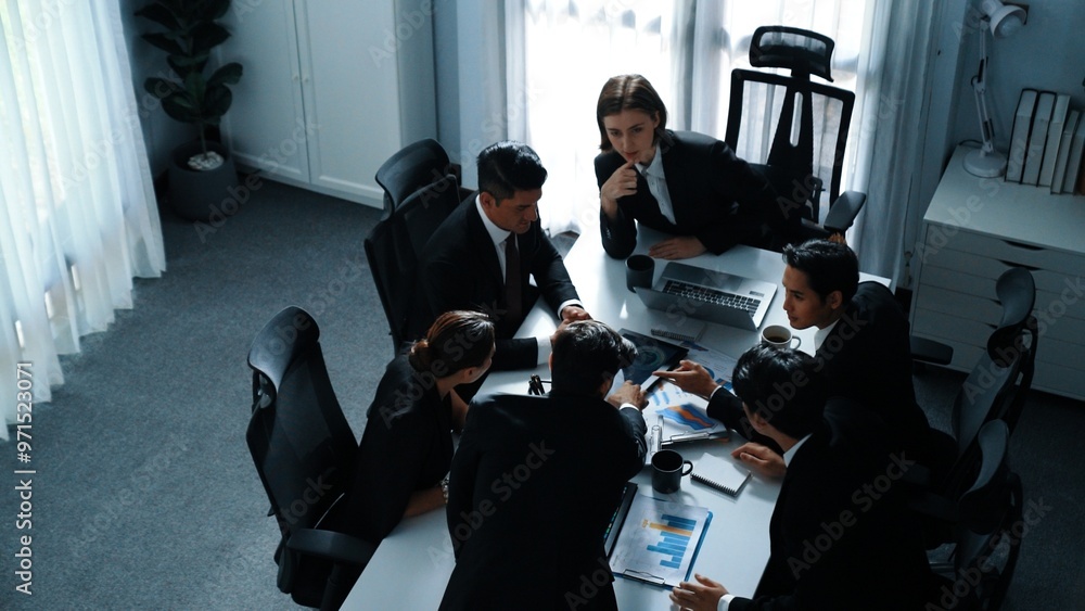 Aufkleber top view of diverse business team discuss about marketing idea while businessman analyze financial g