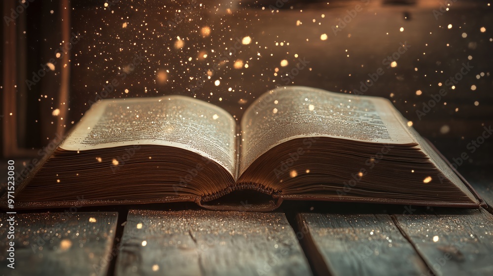 Poster an open book rests on a wooden table, illuminated by warm light and surrounded by floating particles