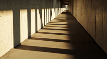  A long hallway with shadows on one wall A bench lies on the opposite side