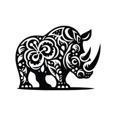 Fototapeta premium Rhinoceros in folk art black and white silhouette illustration