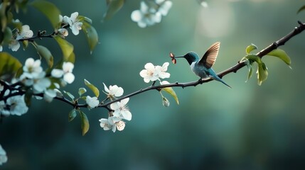 Fototapeta premium A bird perched on a tree branch holds a flower in its beak against a blurred backdrop