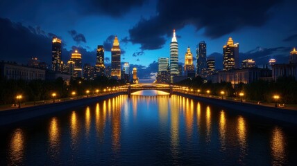 Obraz premium Stunning city skyline at dusk, showcasing illuminated buildings reflecting on a calm river, perfect for urban-themed projects.